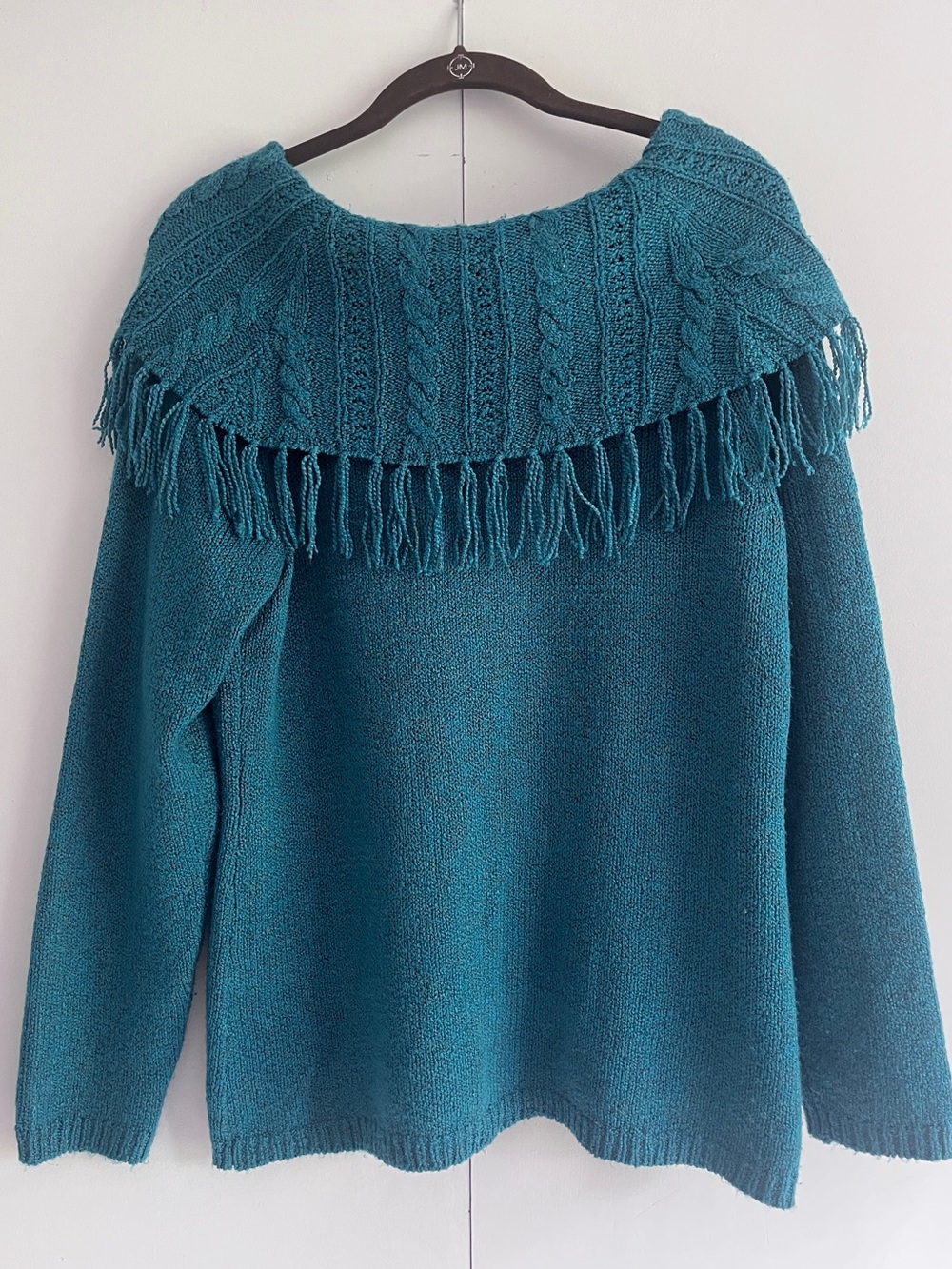 Christopher & Banks Teal Fringe Cable-Knit Sweater